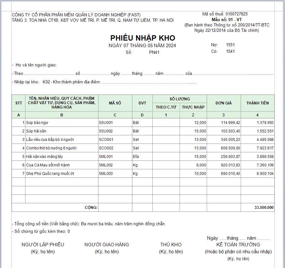 Phiếu nhập kho trên phần mềm kế toán Fast Accounting