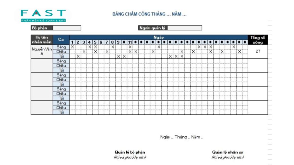 bảng chấm công nhân viên bán thời gian