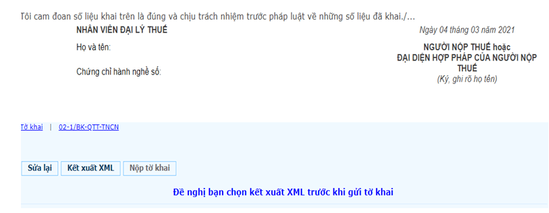 Bước 5_ Chọn kết xuất XML để tải file tờ khai mẫu