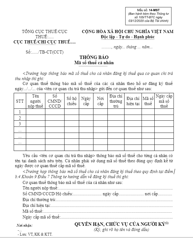 Thông báo mã số thuế cá nhân 