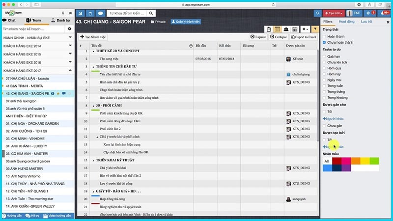 Giao diện phần mềm giao việc MyXTeam