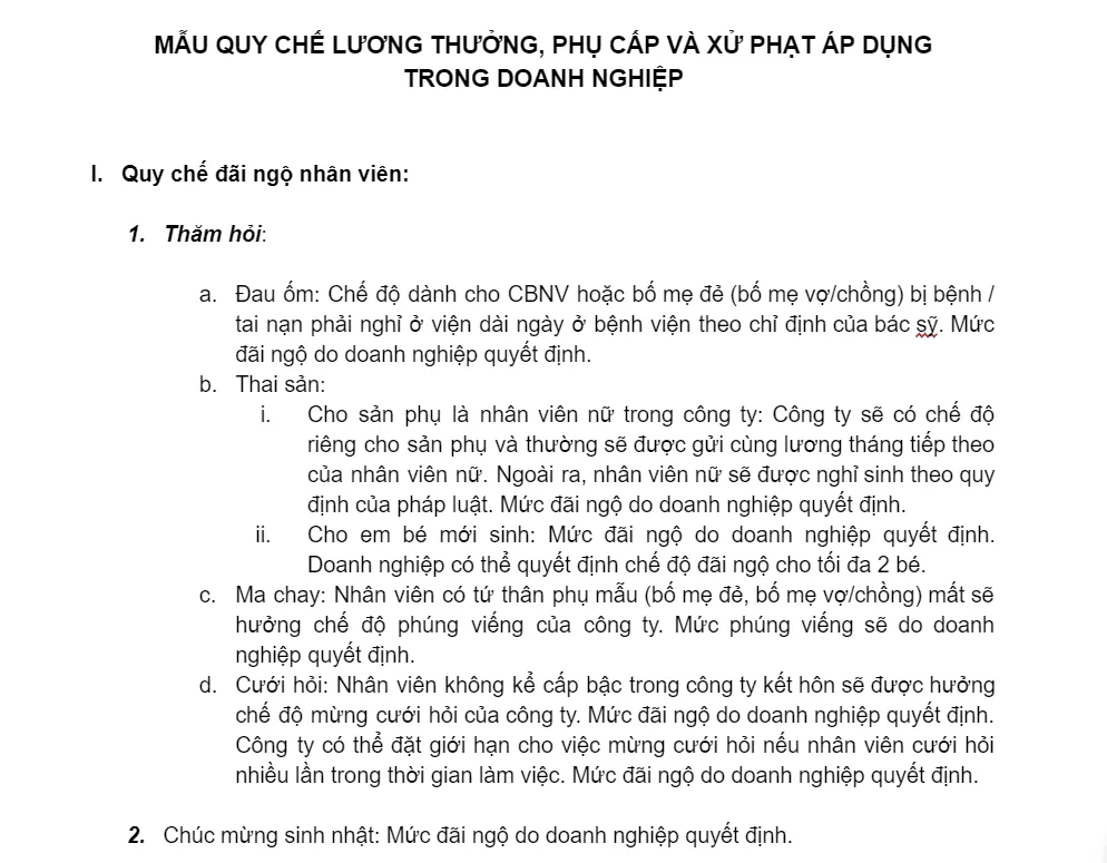 Mẫu quy định lương thưởng và xử phạt trong doanh nghiệp 