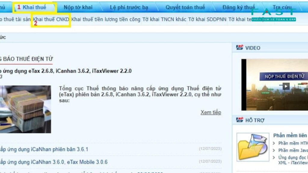 Chọn chức năng kê khai thuế