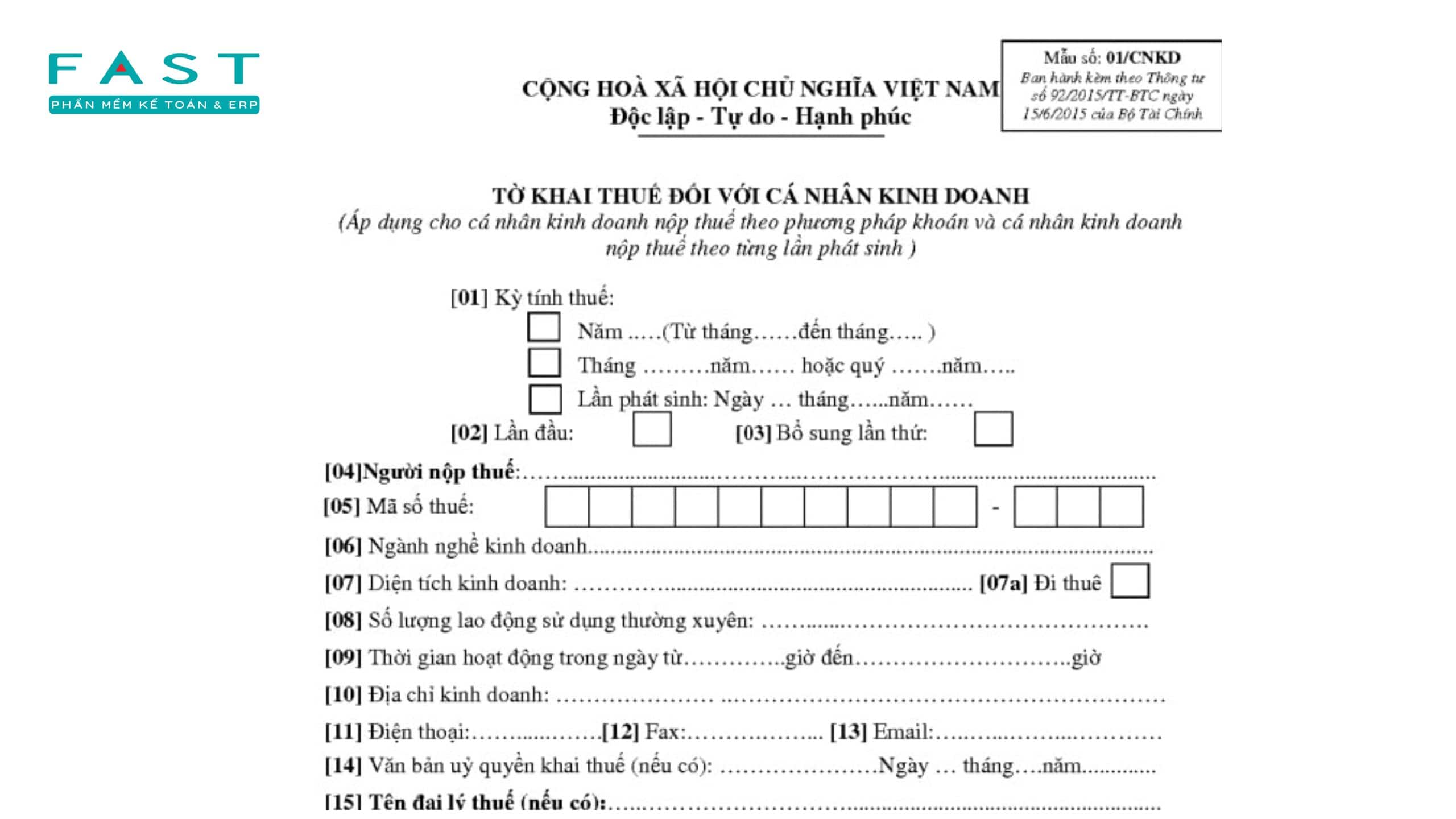 Tờ khai Mẫu số 01/CNKD theo Thông tư 40/2021/TT-BTC