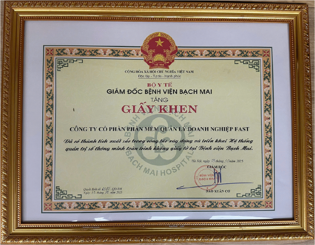Giấy khen của Bệnh viện Bạch Mai tặng Công ty CP Phần mềm Quản lý Doanh nghiệp FAST