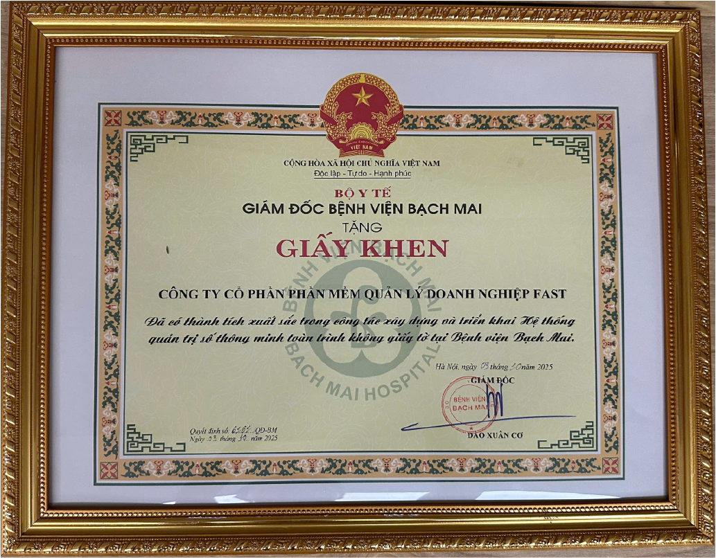 Giấy khen của Bệnh viện Bạch Mai tặng Công ty CP Phần mềm Quản lý Doanh nghiệp FAST
