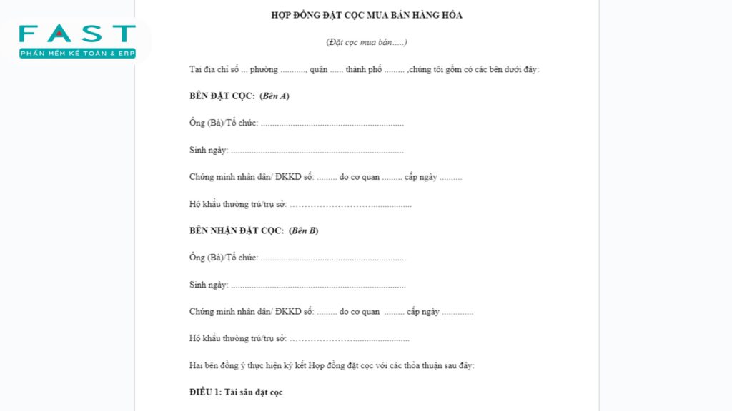 Mẫu hợp đồng đặt cọc mua bán hàng hóa