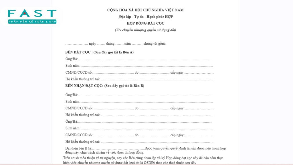 Mẫu hợp đồng đặt cọc mua bán nhà đất đơn giản