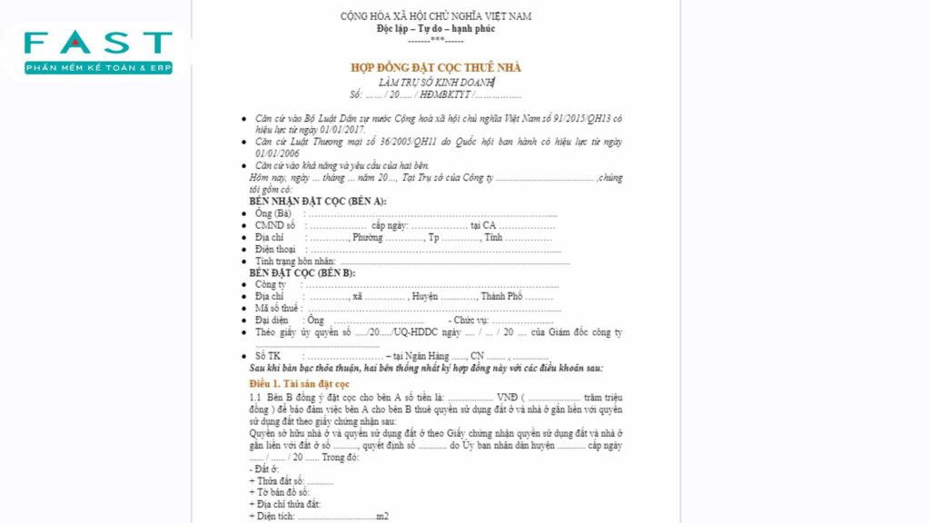 Mẫu hợp đồng đặt cọc thuê nhà có điều khoản phạt vi phạm chi tiết