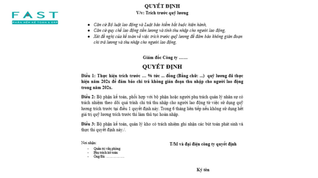 Mẫu quyết định trích lập quỹ dự phòng tiền lương
