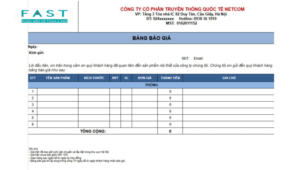 bảng báo giá chuyên nghiệp