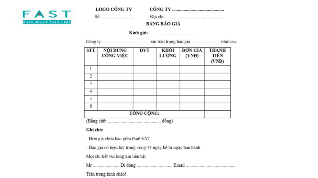 bảng báo giá đơn giản