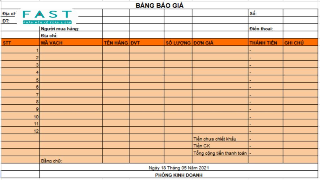 mẫu bảng báo giá