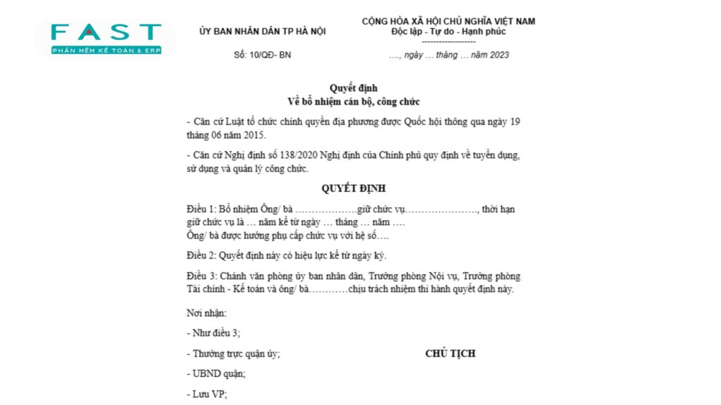 mẫu quyết định bổ nhiệm cán bộ công chức