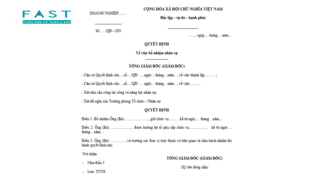 mẫu quyết định bổ nhiệm nhân sự