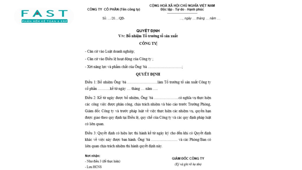 mẫu quyết định bổ nhiệm tổ trưởng sản xuất