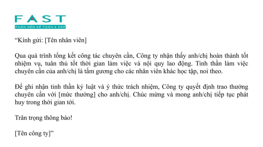 Mẫu thông báo thưởng chuyên cần
