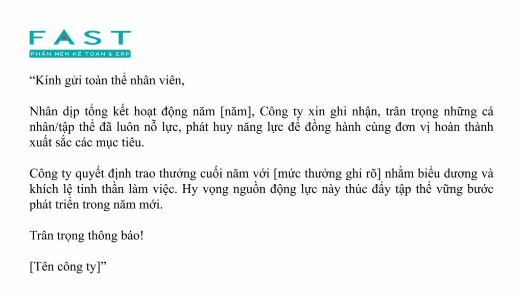 Mẫu thông báo thưởng cuối năm