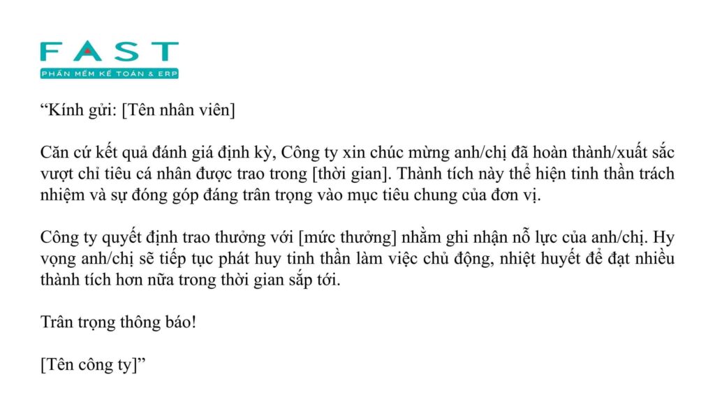 Mẫu thông báo thưởng đạt mục tiêu cá nhân