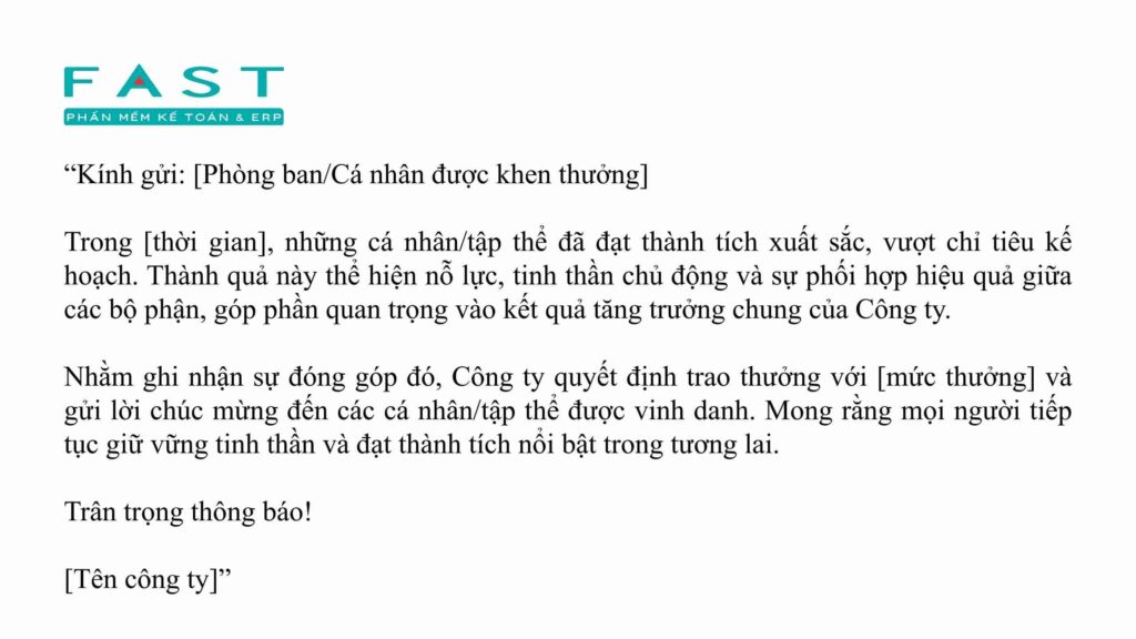 Mẫu thông báo thưởng kết quả kinh doanh