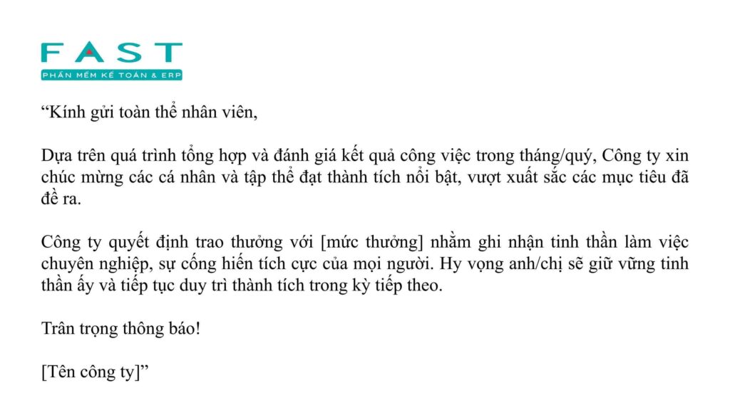 Mẫu thông báo khen thưởng tháng hay quý