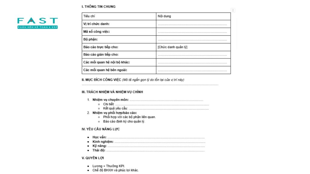 Bảng mô tả công việc mẫu chung