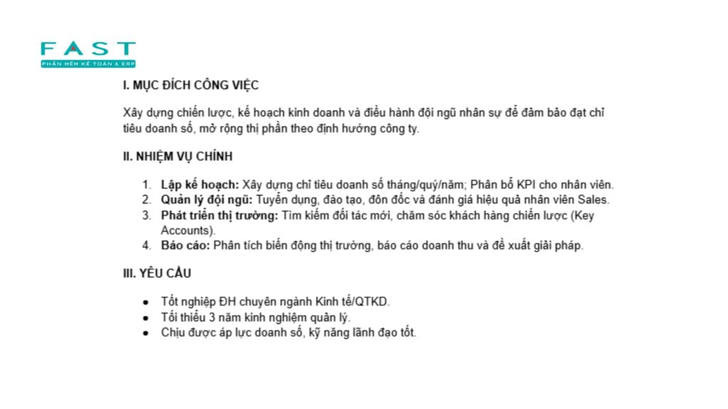 Bảng mô tả công việc Trưởng phòng Kinh doanh