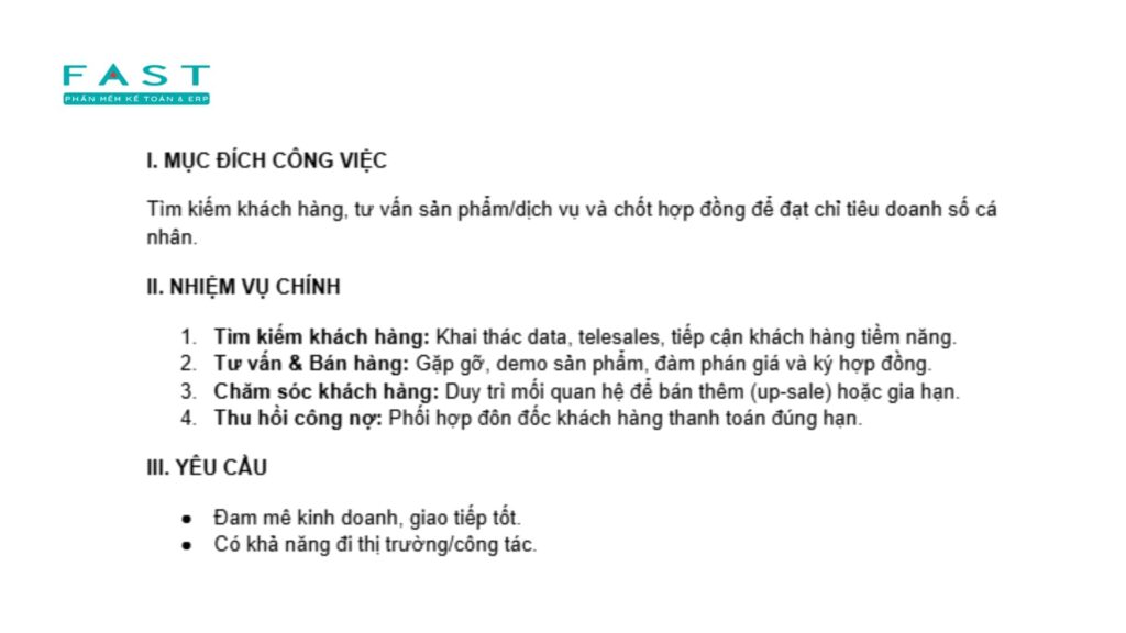 Bảng mô tả công việc Nhân viên Kinh doanh