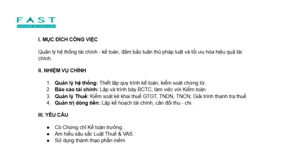 Bảng mô tả công việc Kế toán trưởng 
