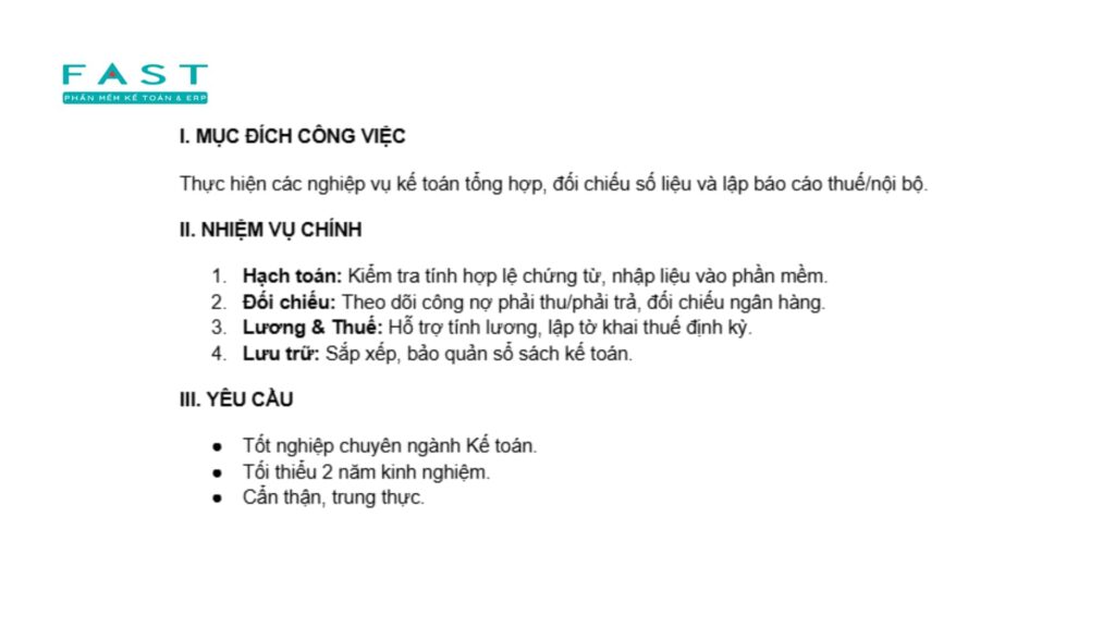 Bảng mô tả công việc Kế toán tổng hợp