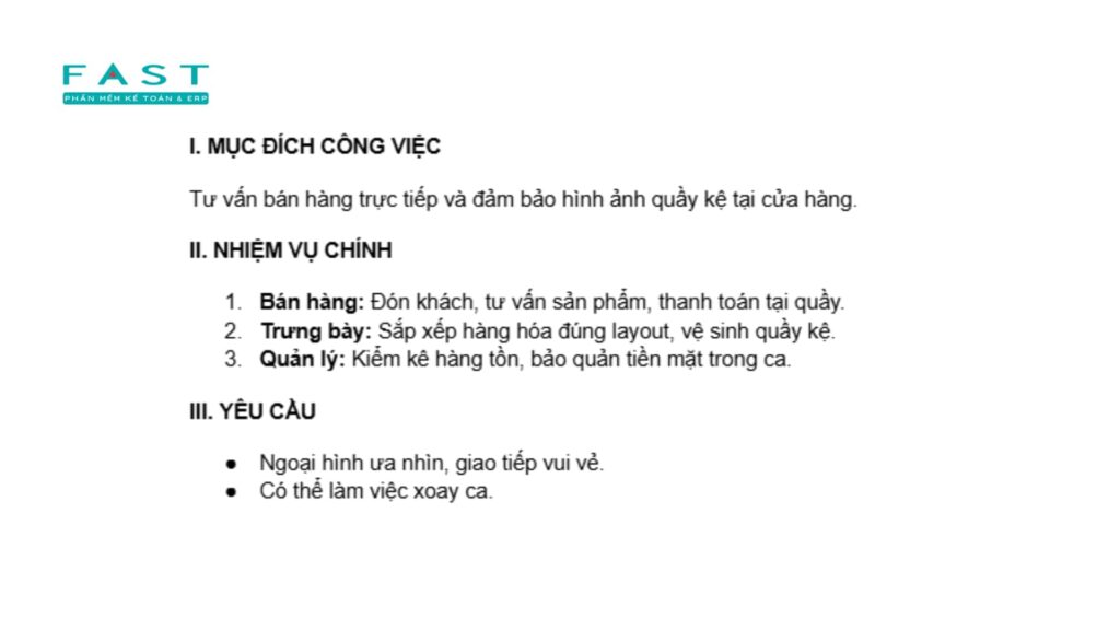 Bảng mô tả công việc Nhân viên Bán hàng