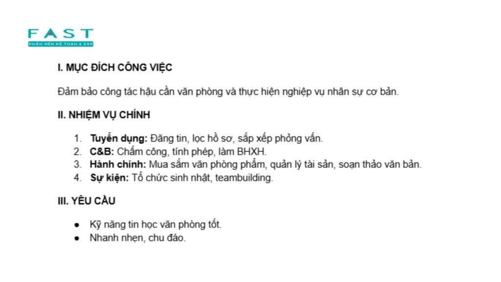 Bảng mô tả công việc Nhân sự – Hành chính tổng hợp