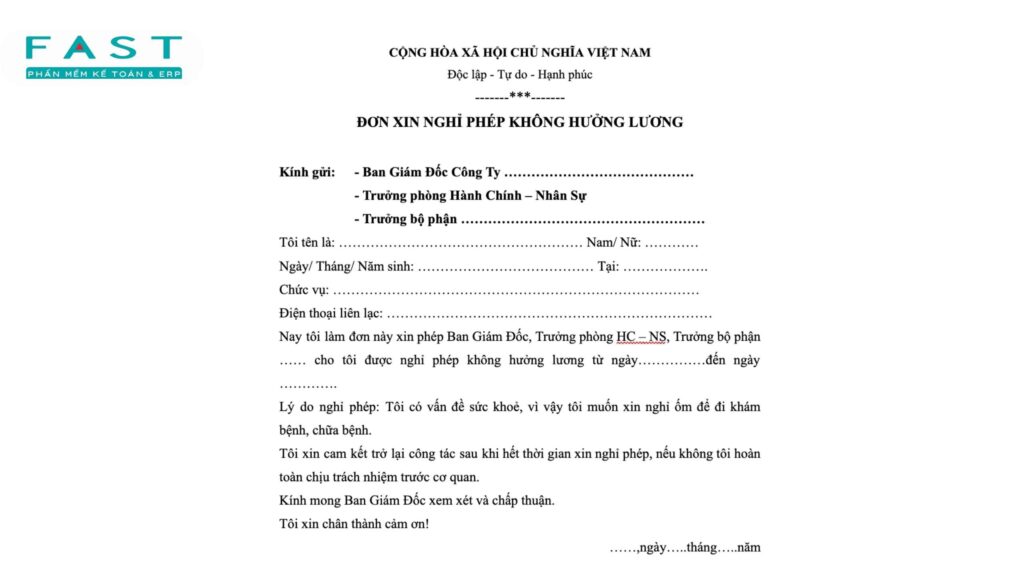 mẫu đơn xin nghỉ không lương để chữa bệnh