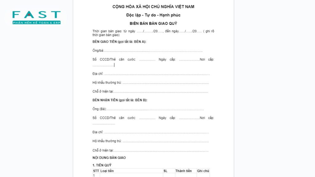 biên bản bàn giao quỹ tiền mặt chung