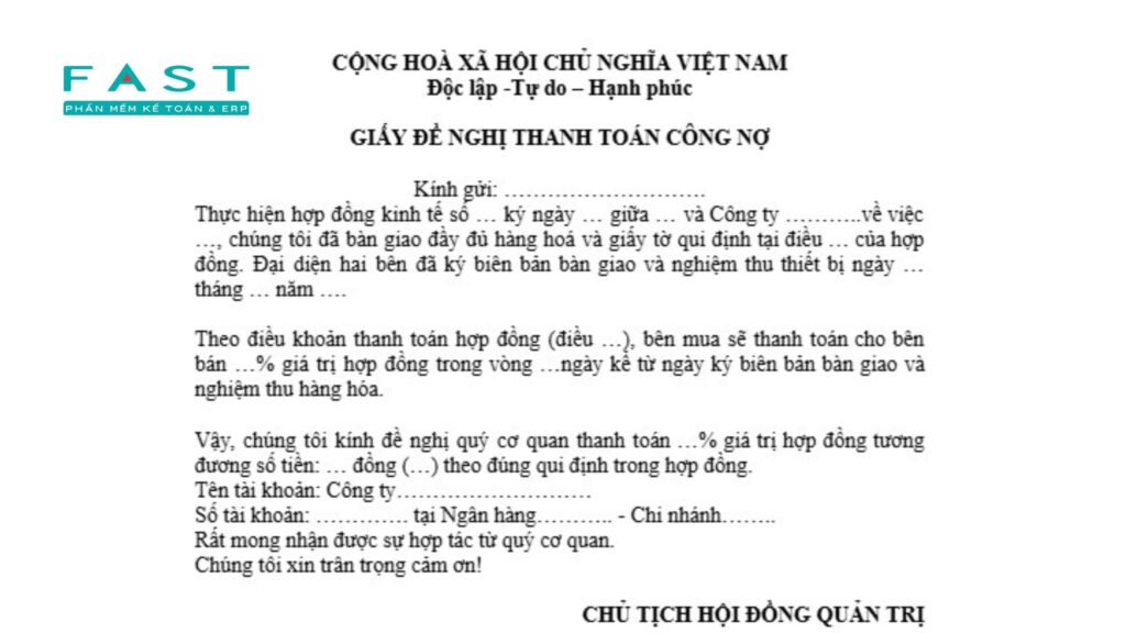 giấy đề nghị thanh toán công nợ gửi khách hàng