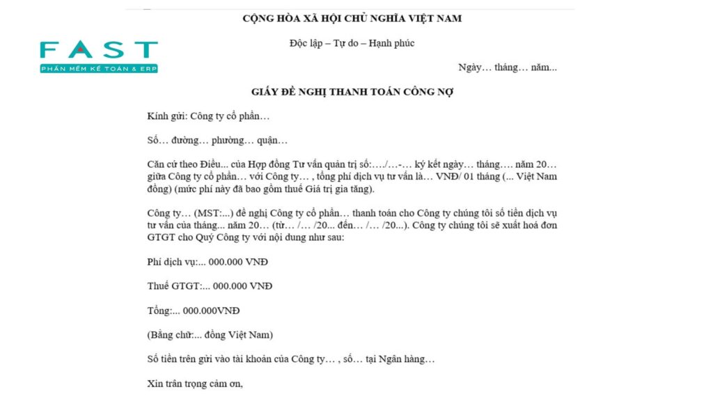 giấy đề nghị thanh toán công nợ theo hoá đơn