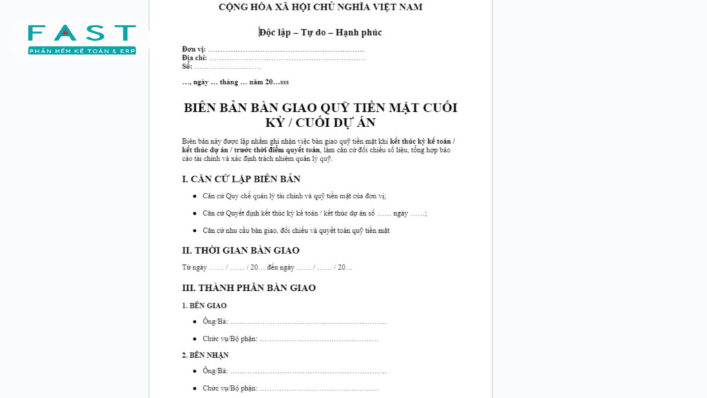 biên bản bàn giao quỹ tiền mặt cuối kỳ 