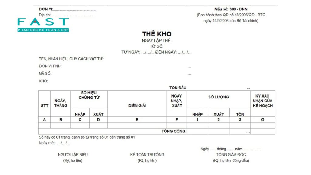 Mẫu thẻ kho theo Quyết định 48