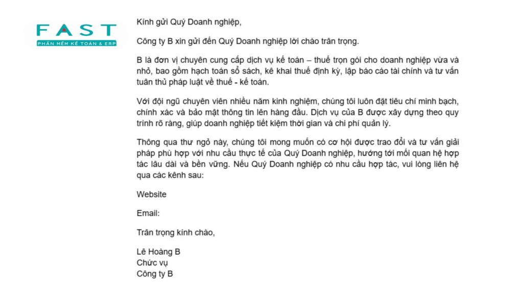 Mẫu thư chào hàng dịch vụ