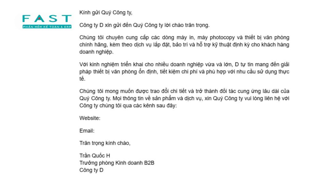 Mẫu thư chào hàng gửi khách hàng B2B