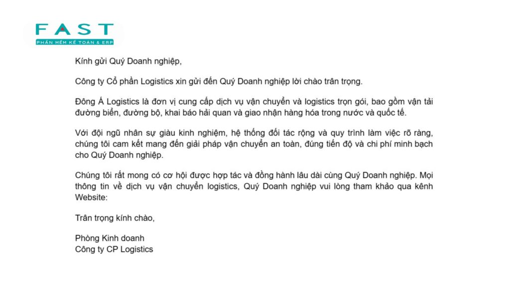 Mẫu thư chào hàng ngành logistics