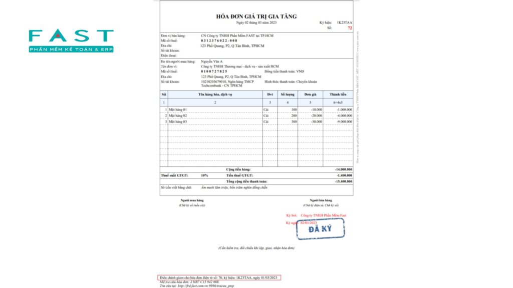 mẫu hoá đơn điều chỉnh của FAST