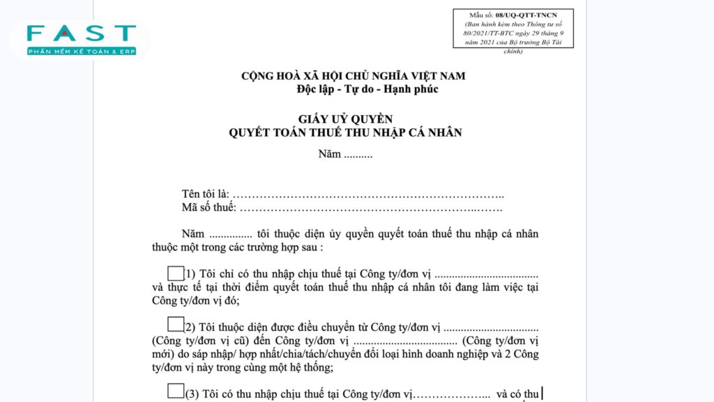 mẫu ủy quyền quyết toán thuế tncn