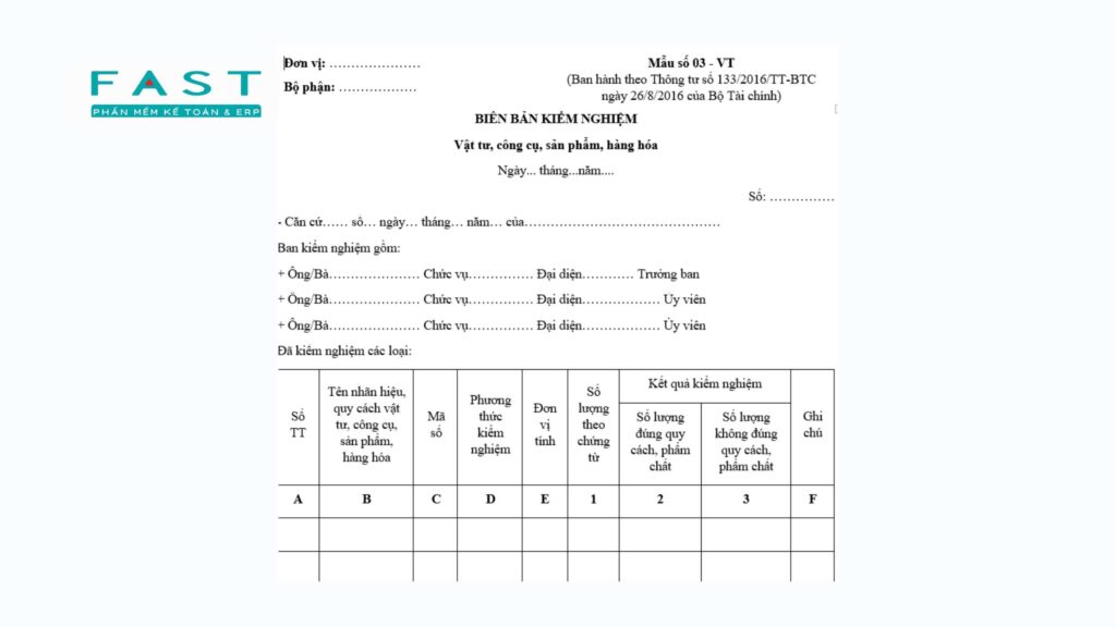 Mẫu biên bản kiểm nghiệm vật tư theo thông tư 133