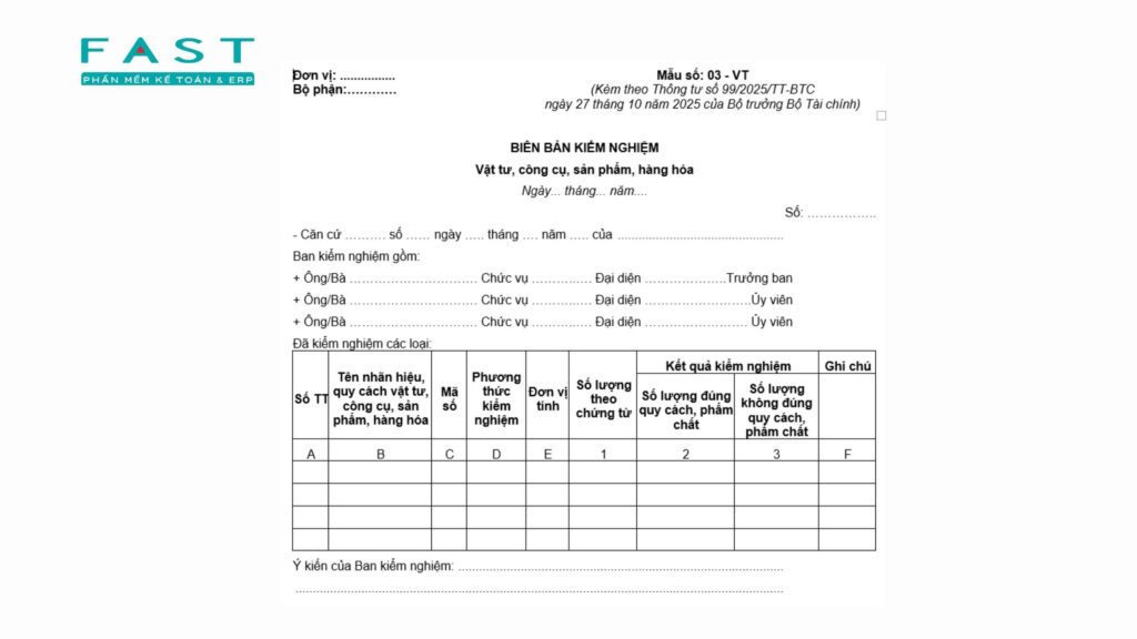 Mẫu biên bản kiểm nghiệm vật tư theo thông tư 99