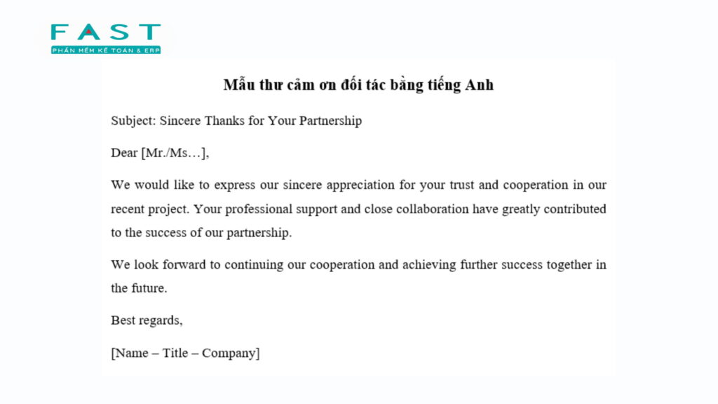 thư cảm ơn đối tác bằng tiếng Anh