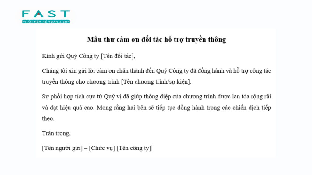 thư cảm ơn đối tác hỗ trợ truyền thông
