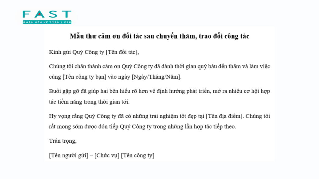 mẫu thư cảm ơn đối tác sau công tác