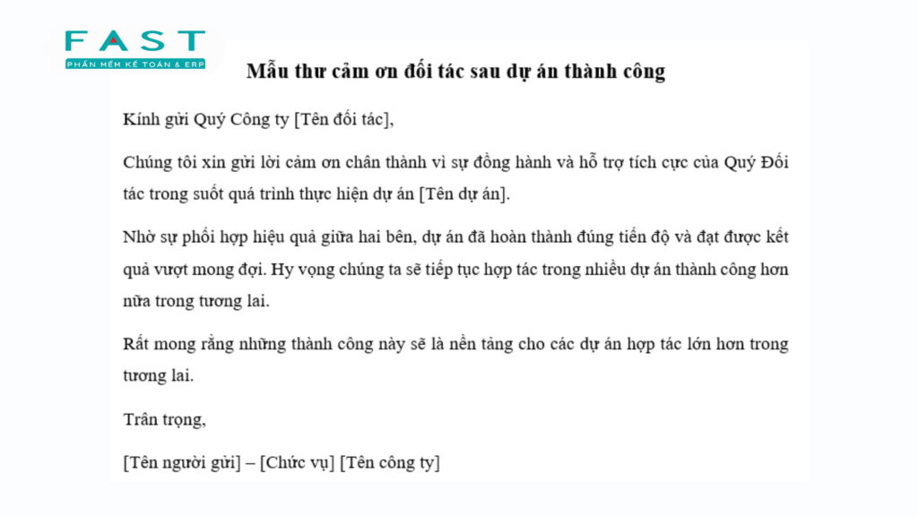 thư cảm ơn đối tác sau hợp tác thành công