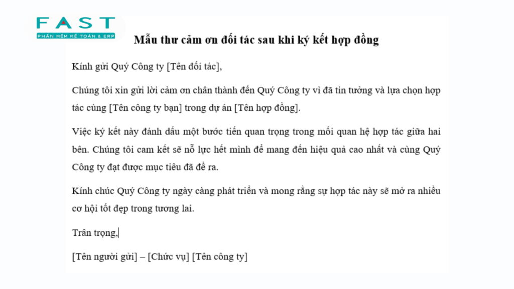 thư cảm ơn đối tác sau khi ký hợp đồng